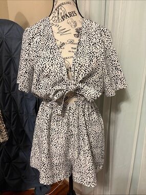 SHEIN White and Black Dalmatian Print Tie-Front Romper